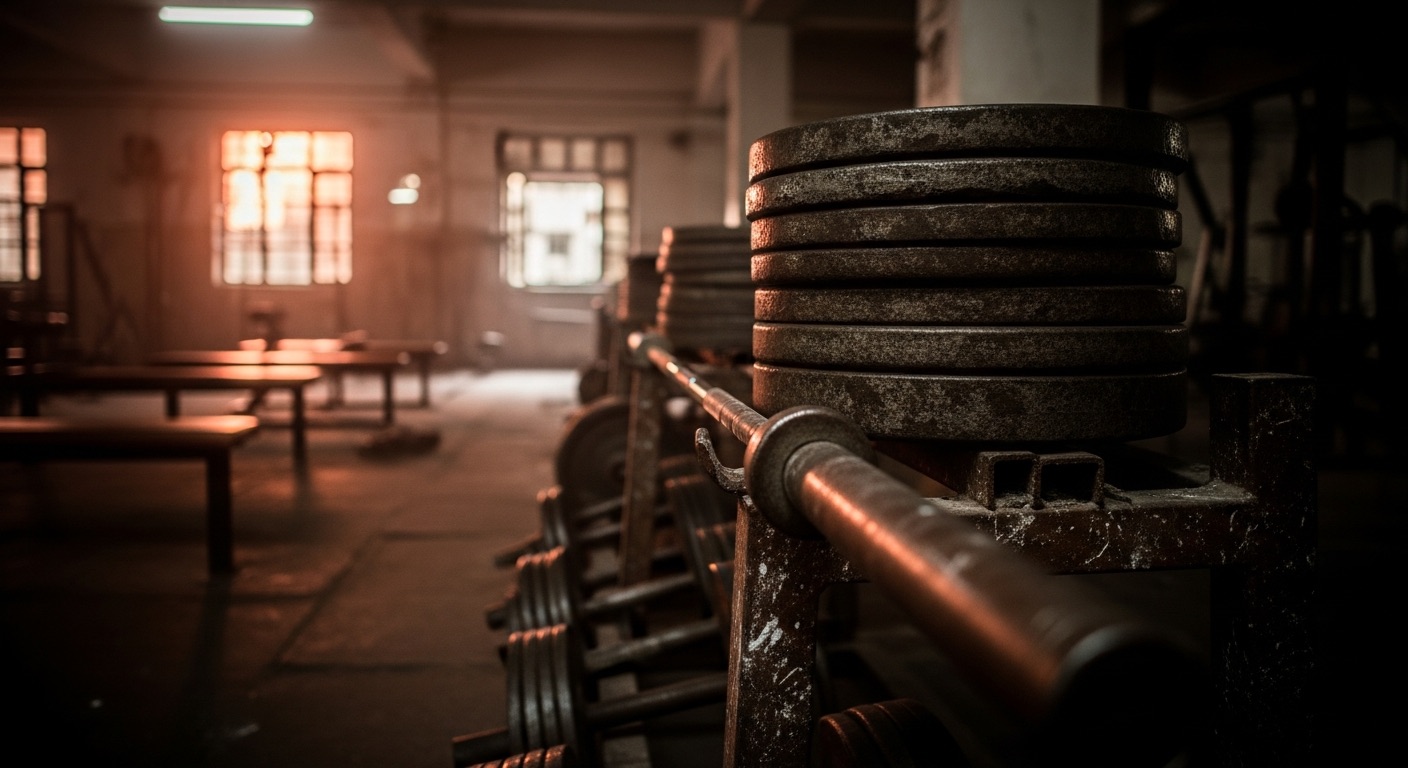 Moody, empty iron gym at dusk — worn weight plates and barbells in warm low light